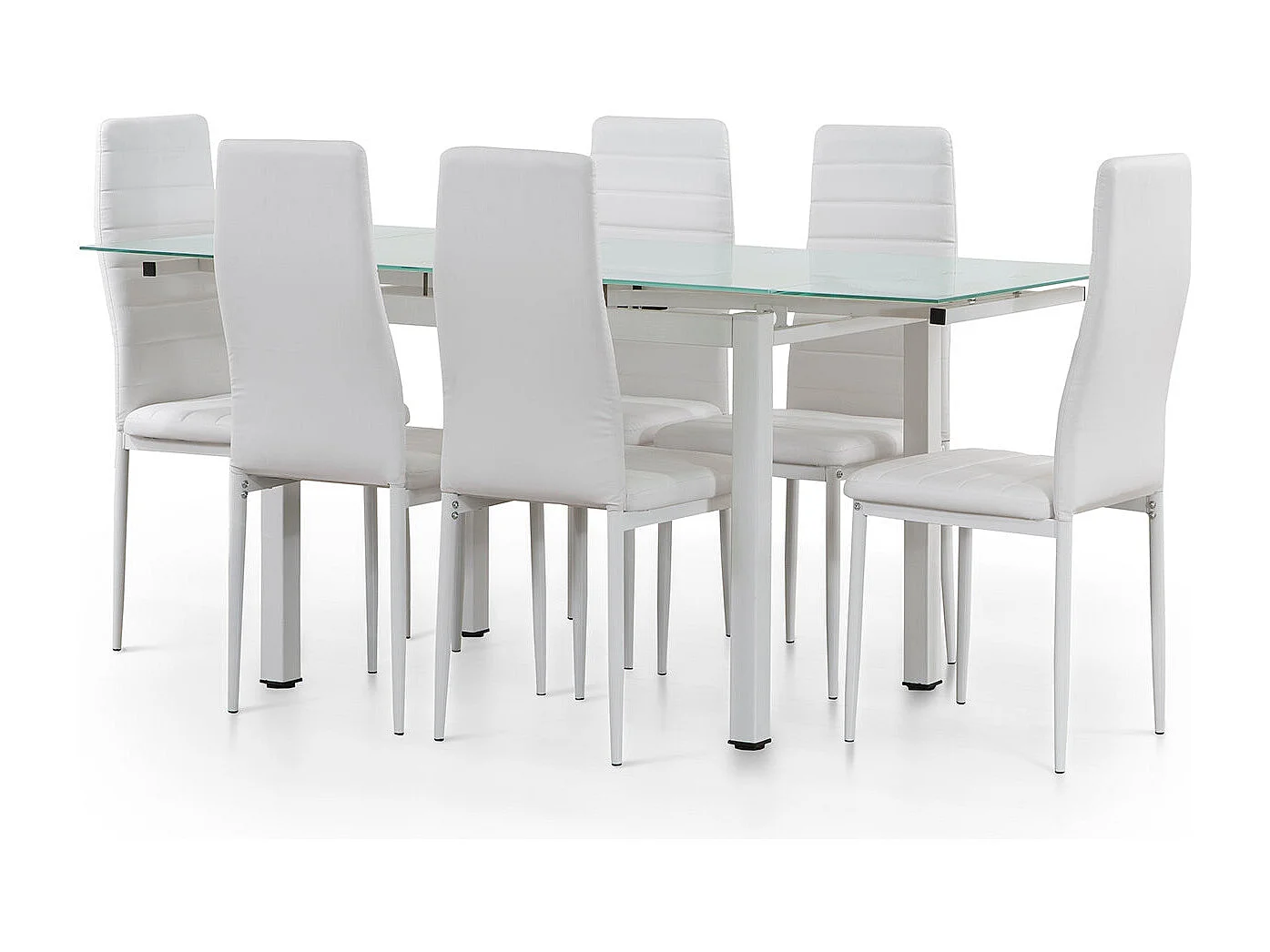 Mesa de Cristal Extensible 170cm + 6 Sillas Polipiel, Blanco