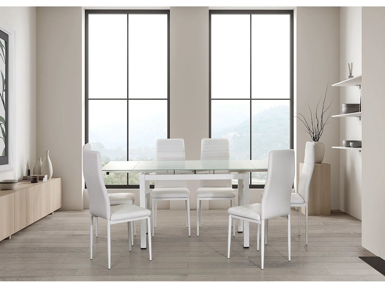 Mesa de Cristal Extensible 170cm + 6 Sillas Polipiel, Blanco