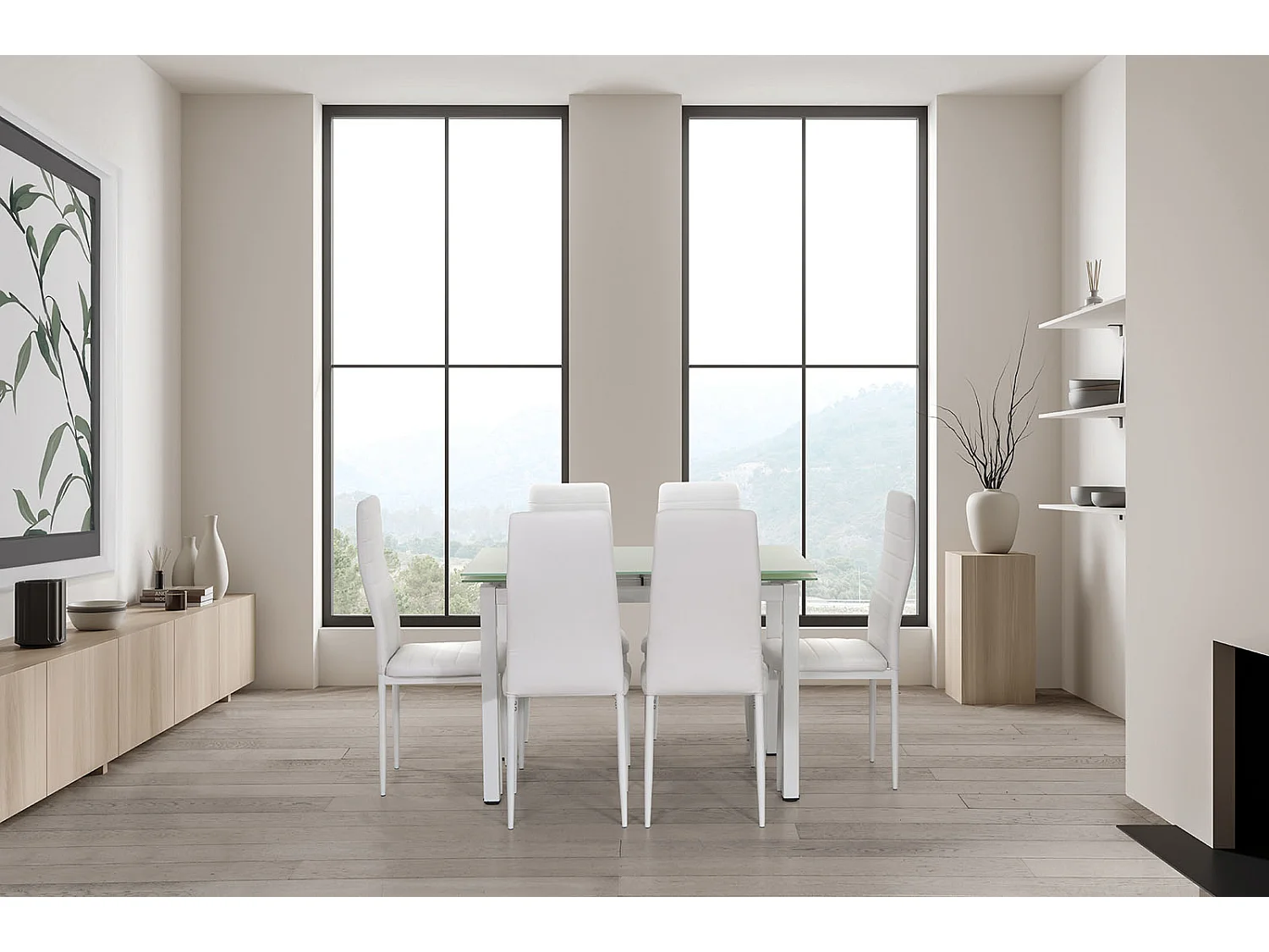 Mesa de Cristal Extensible 170cm + 6 Sillas Polipiel, Blanco