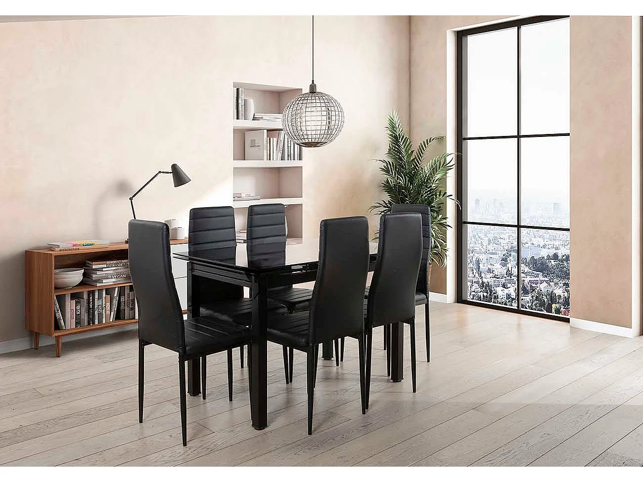 Mesa de Cristal Extensible 170cm + 6 Sillas Polipiel, Blanco