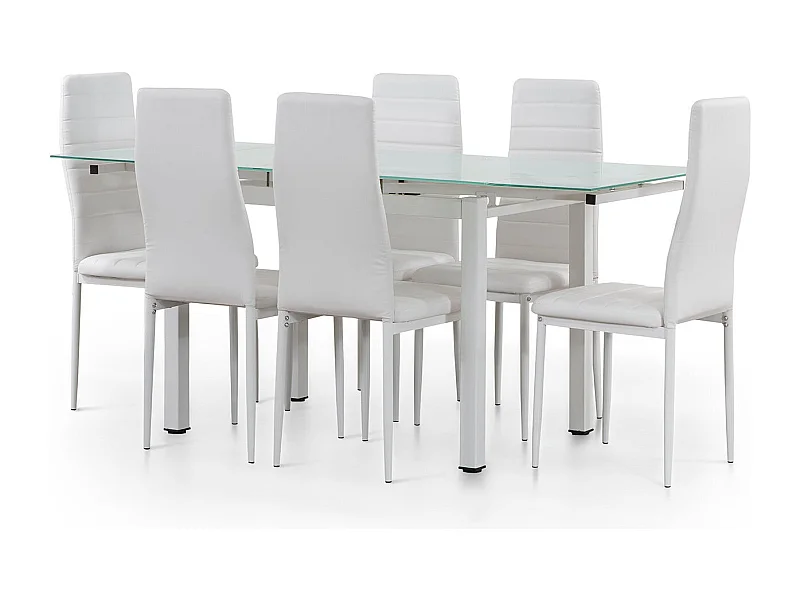 Mesa de Cristal Extensible 170cm + 6 Sillas Polipiel, Blanco