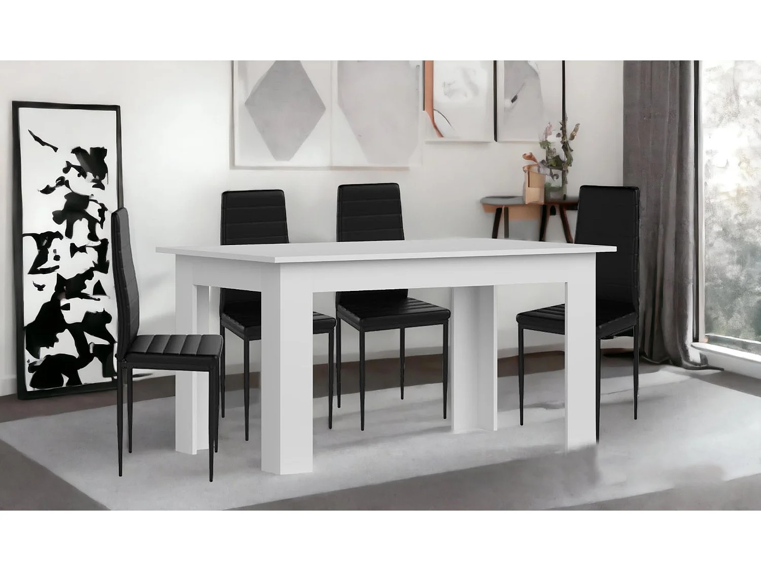 Conjunto Mesa de Jantar ou Cozinha Branco + 4 Cadeiras de Couro Sintético/metal Preto
