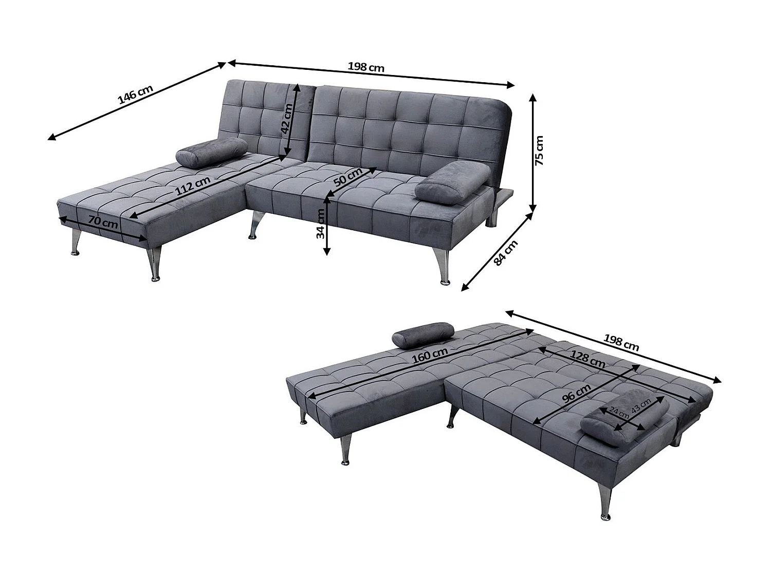 Sofa Cama Chaise Longue XS 198cm Gris Oscuro