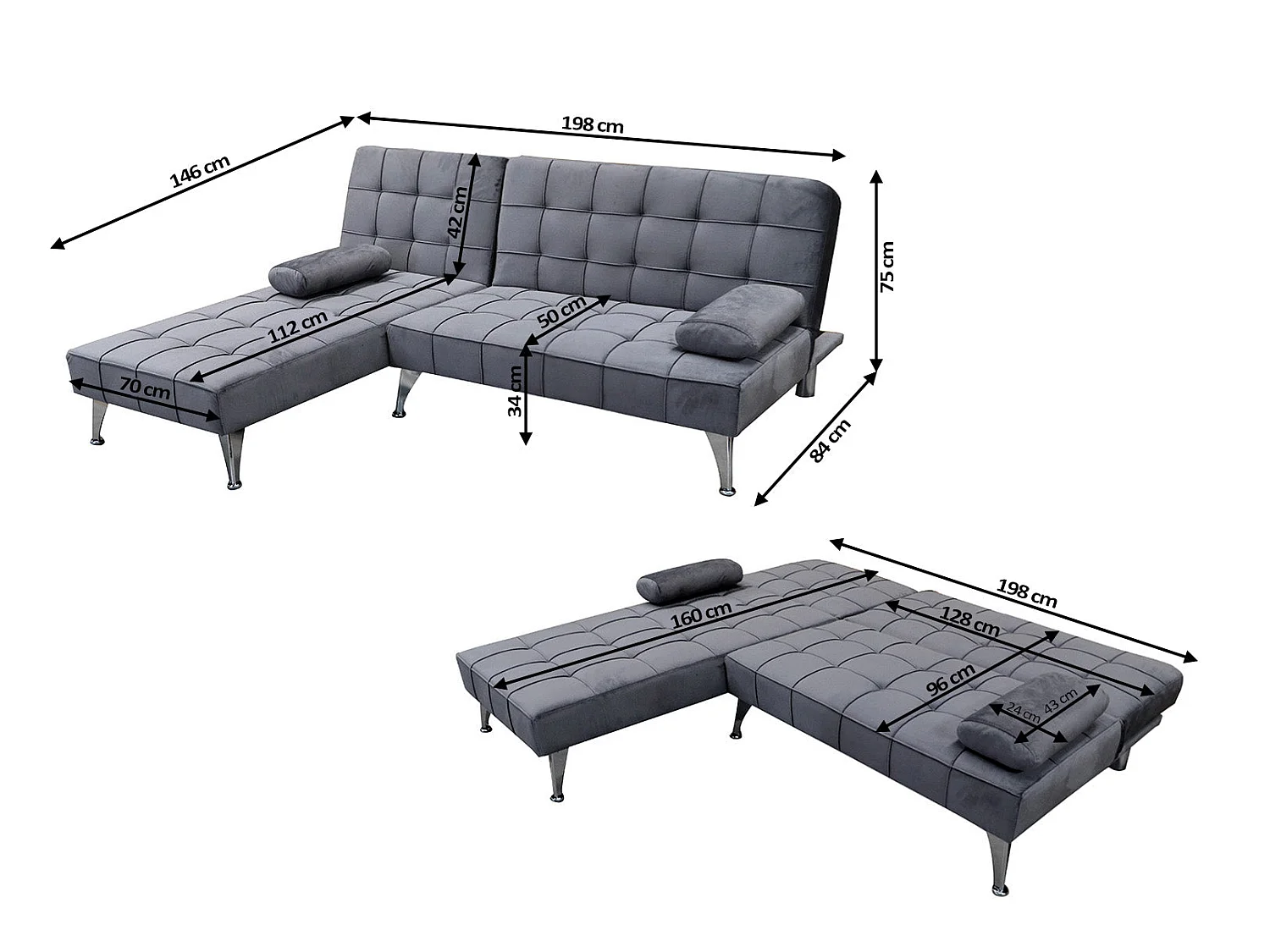 Sofá-Cama Chaise Longue XS 198cm Cinza Escuro