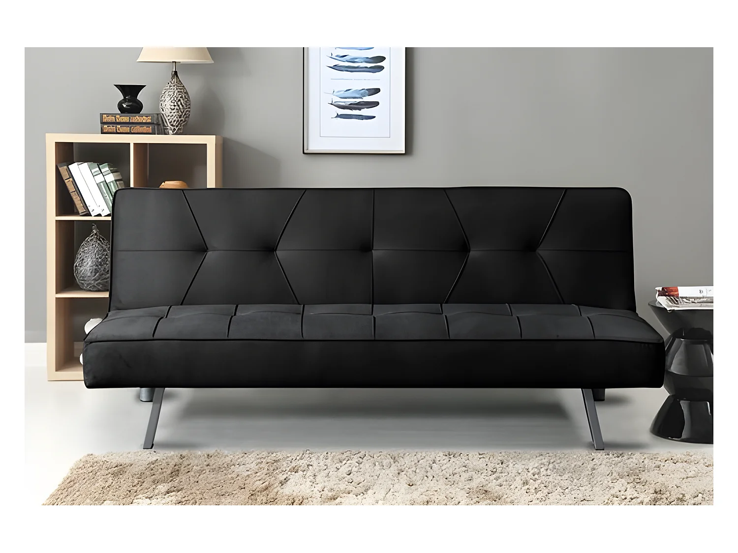 Sofá cama 2 lugares de veludo Clic Clac 175x74cm Preto