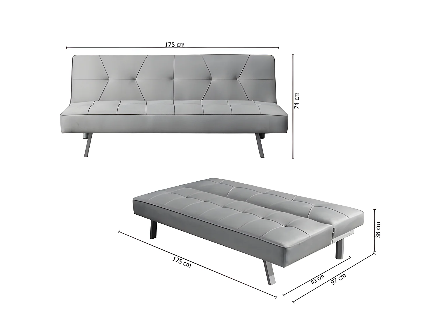 Sofá cama 2 lugares de veludo Clic Clac 175x74cm Preto