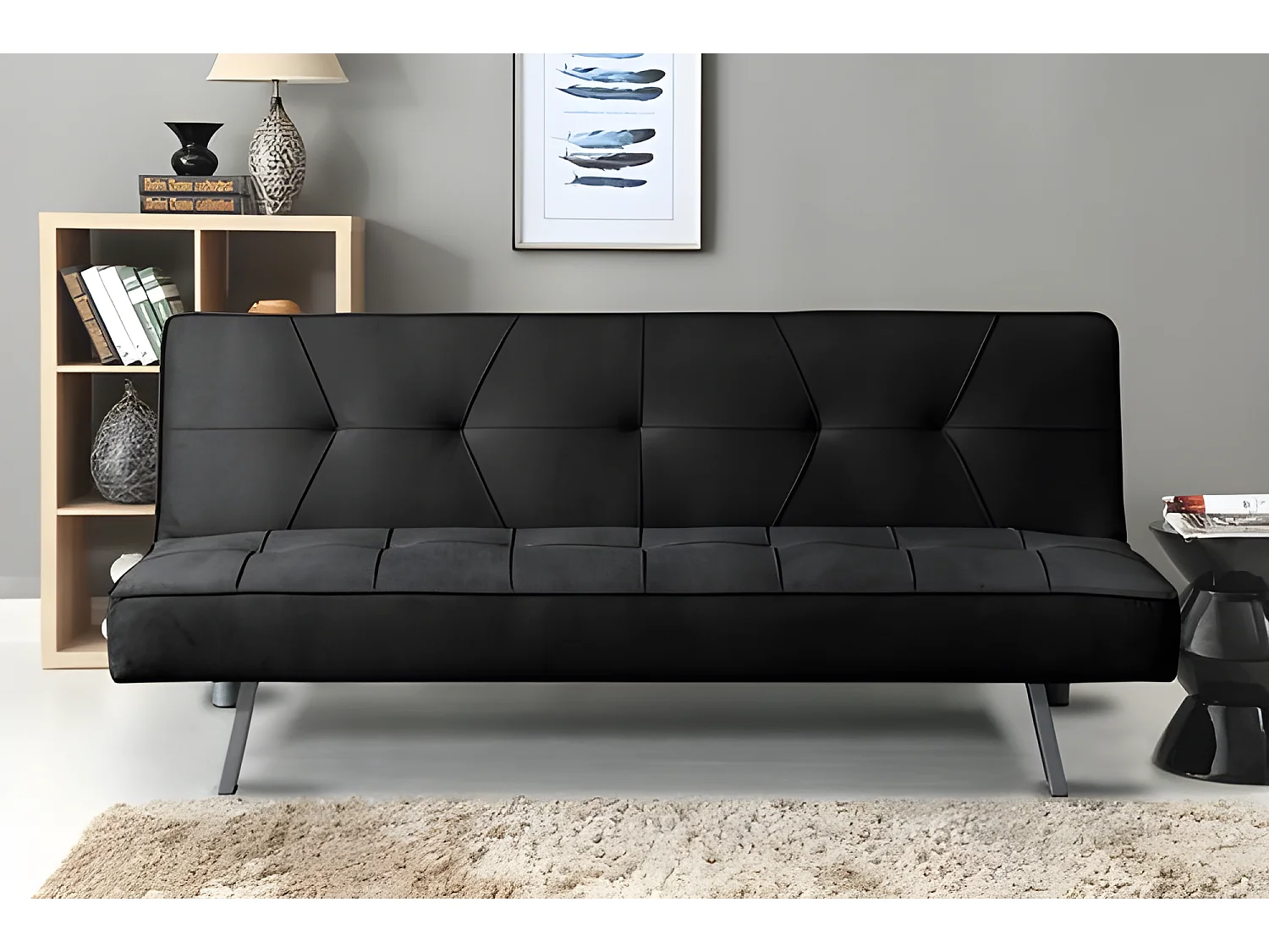 Sofá cama 2 lugares de veludo Clic Clac 175x74cm Preto