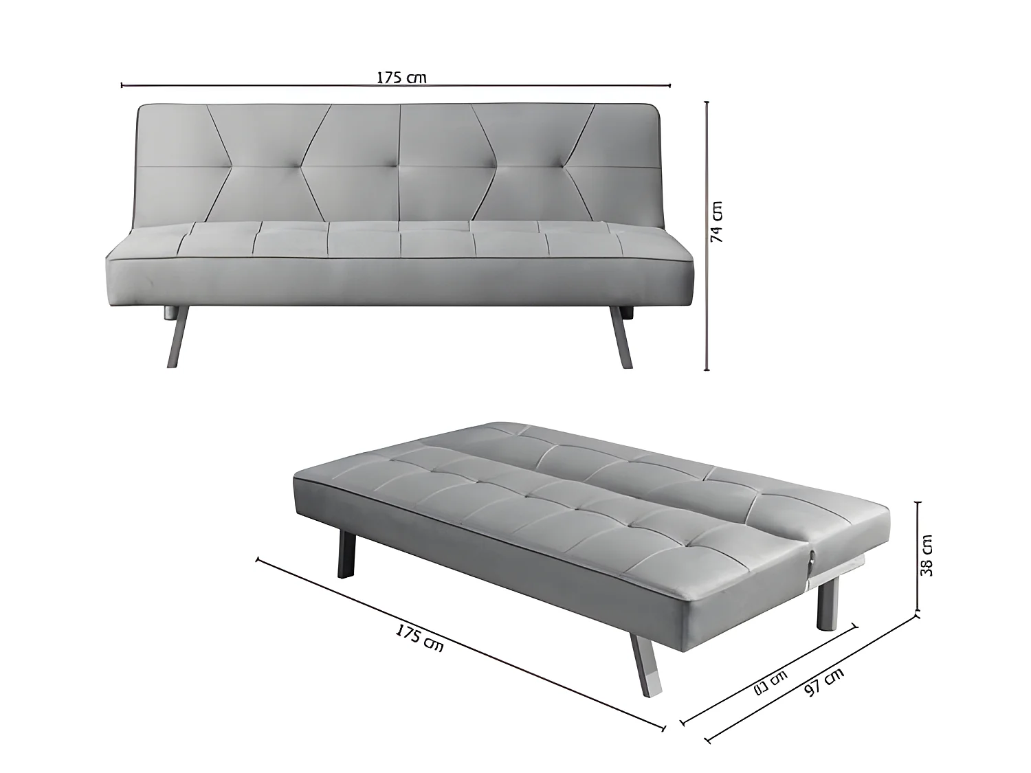 Sofá cama 2 lugares de veludo Clic Clac 175x74cm Preto