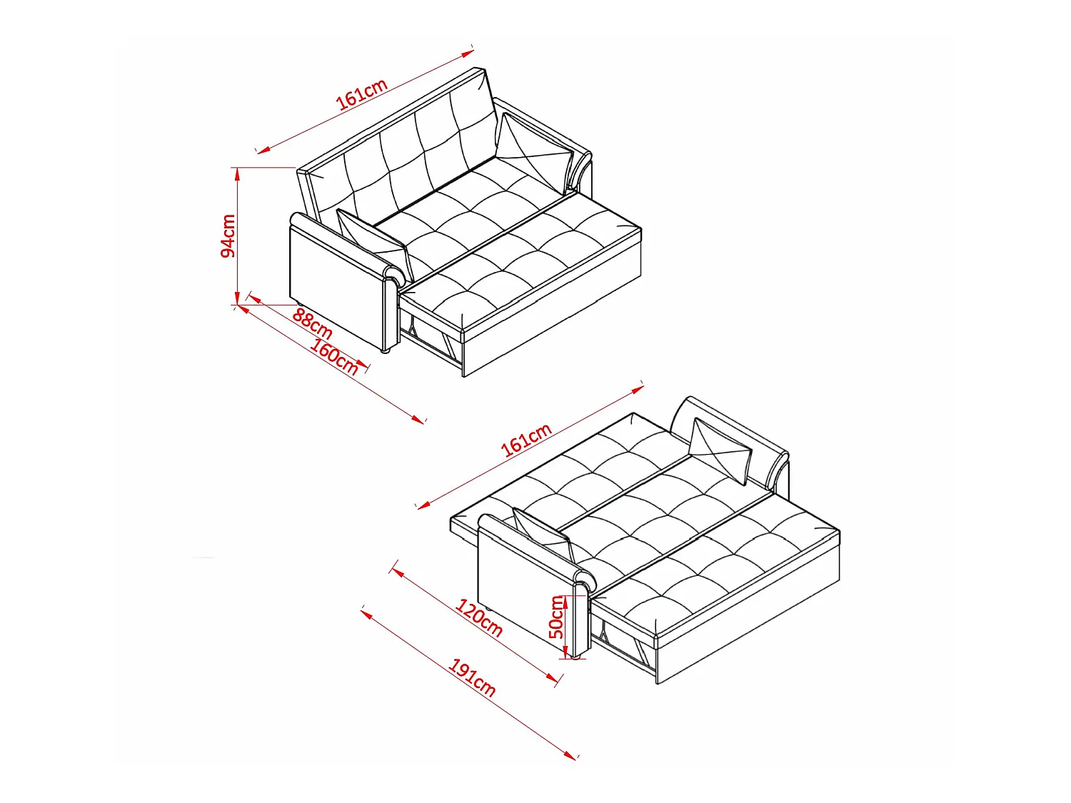 Sofa Cama de Matrimonio 161x88cm (Cama: 135x190cm) Tokio