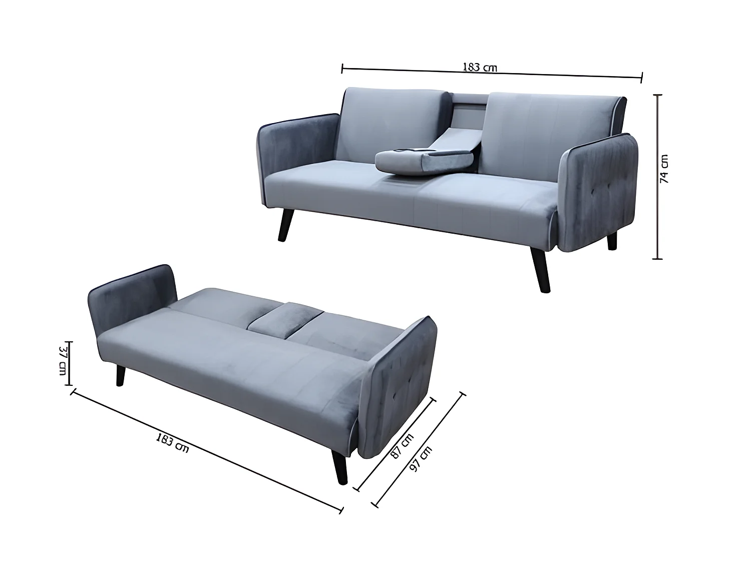 Click Clac Roma Sofá-cama de 2 lugares repousa vidro veludo 183x74cm Preto