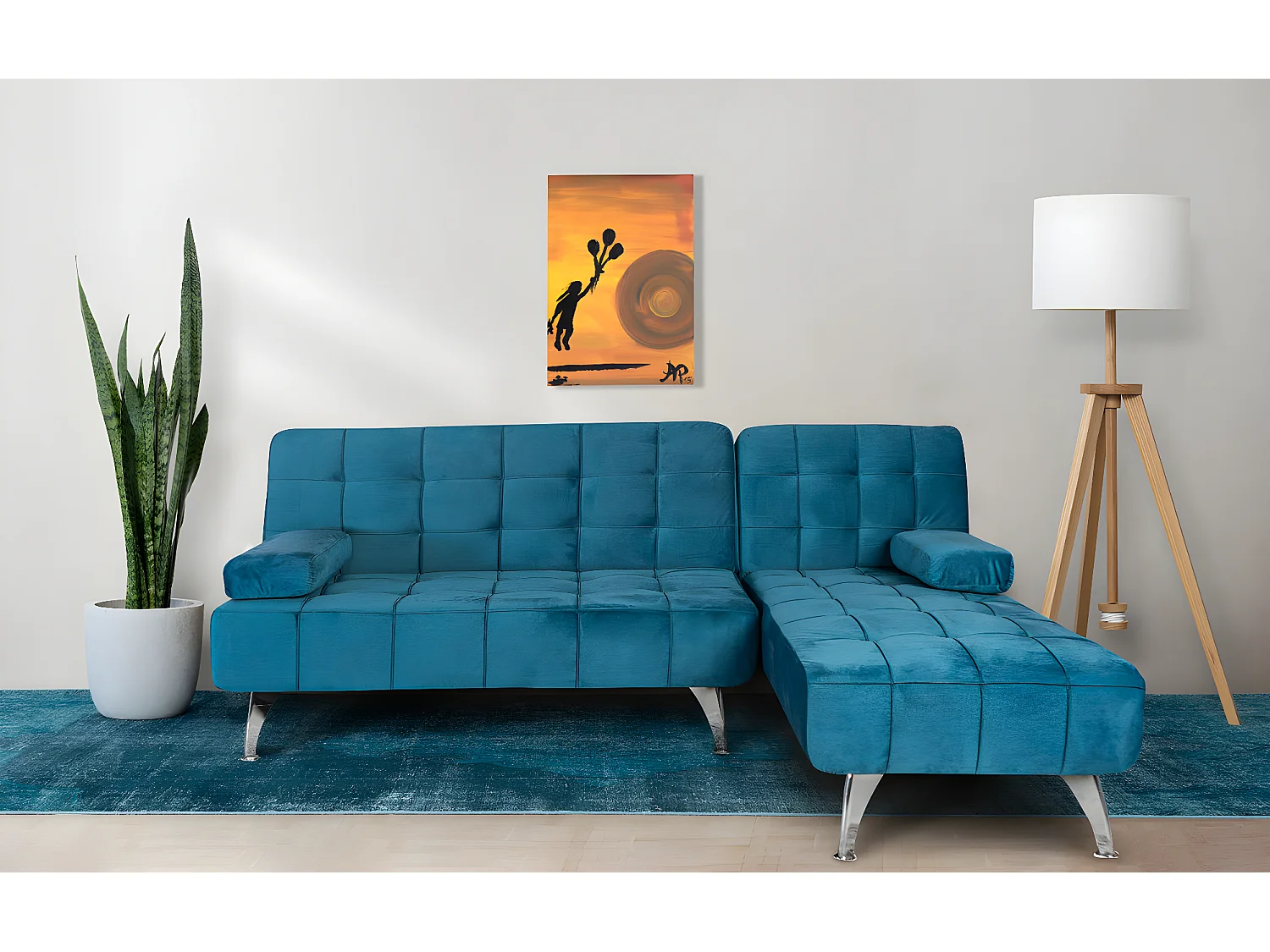 Sofá chaise longue AROA-XS, veludo de 3 lugares conversível em cama, cor CINZA, 198x150cm