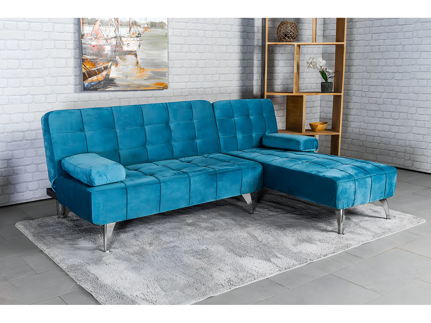 Sofá chaise longue AROA-XS, veludo de 3 lugares conversível em cama, cor CINZA, 198x150cm