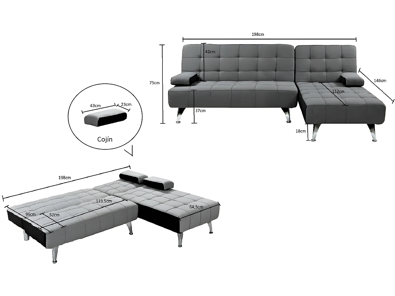 Sofá chaise longue AROA-XS, veludo de 3 lugares conversível em cama, cor CINZA, 198x150cm