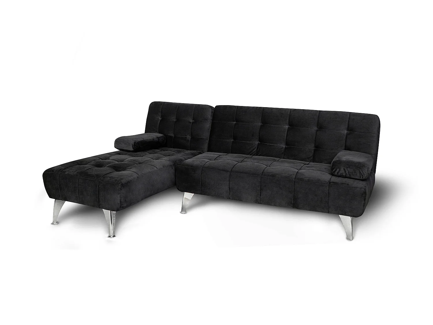 Sofá chaise longue AROA-XS, veludo de 3 lugares conversível em cama, cor PRETA, 198x150cm