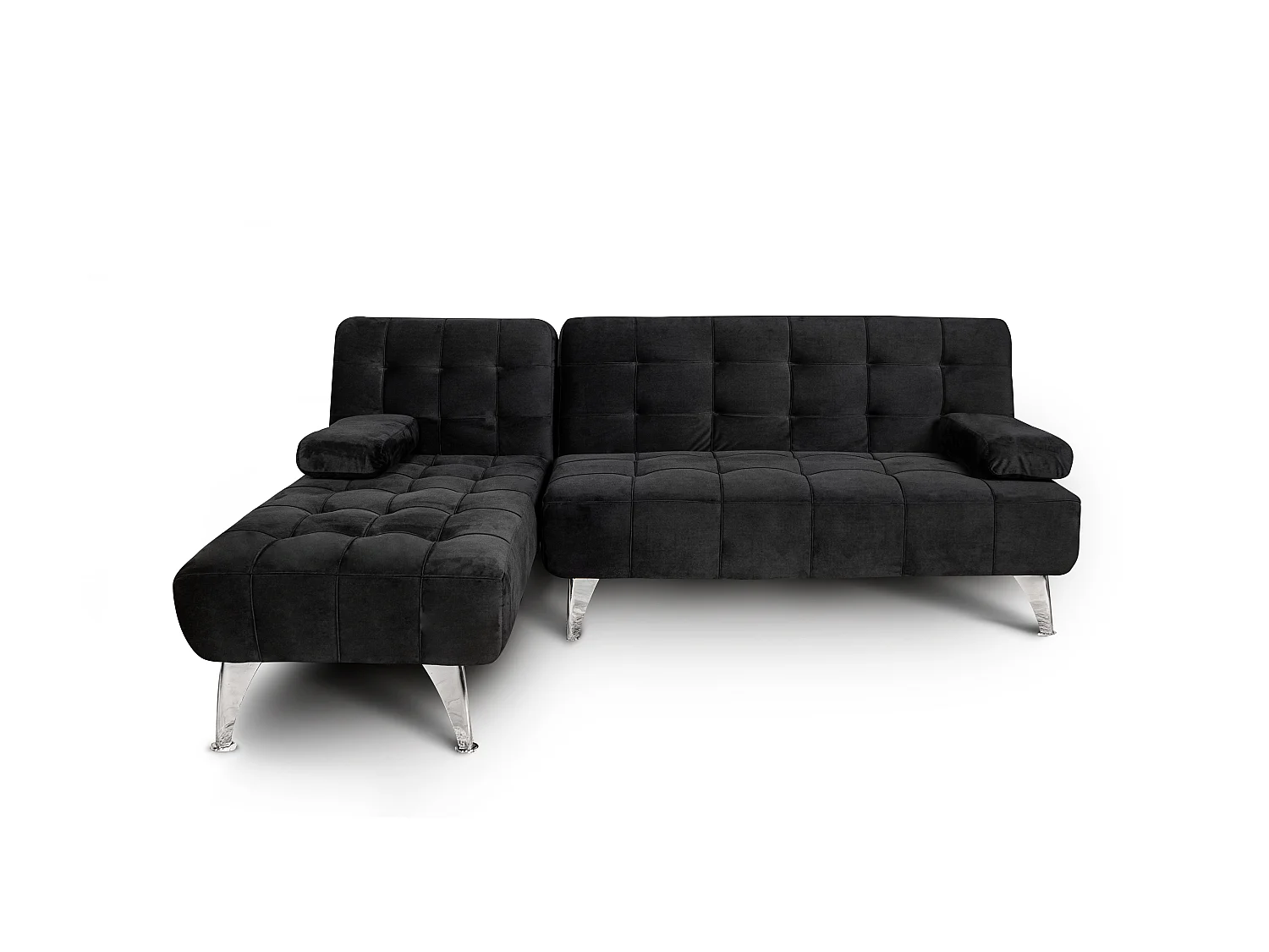 Sofá chaise longue AROA-XS, veludo de 3 lugares conversível em cama, cor PRETA, 198x150cm