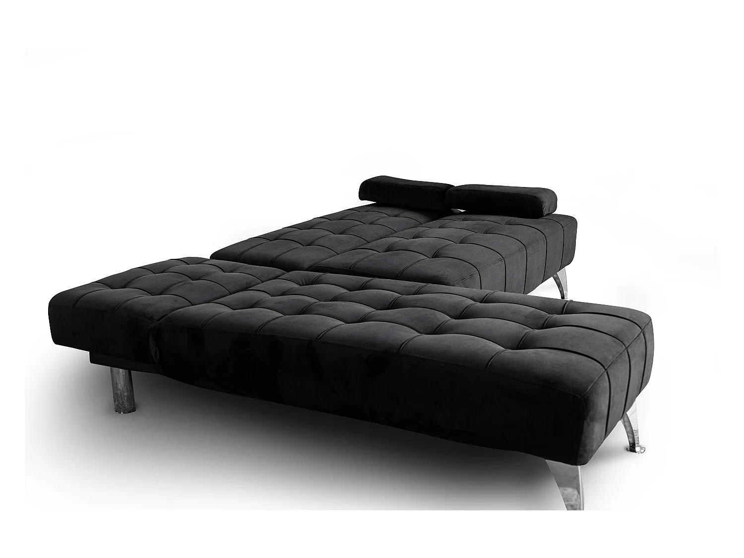 Sofá chaise longue AROA-XS, veludo de 3 lugares conversível em cama, cor PRETA, 198x150cm