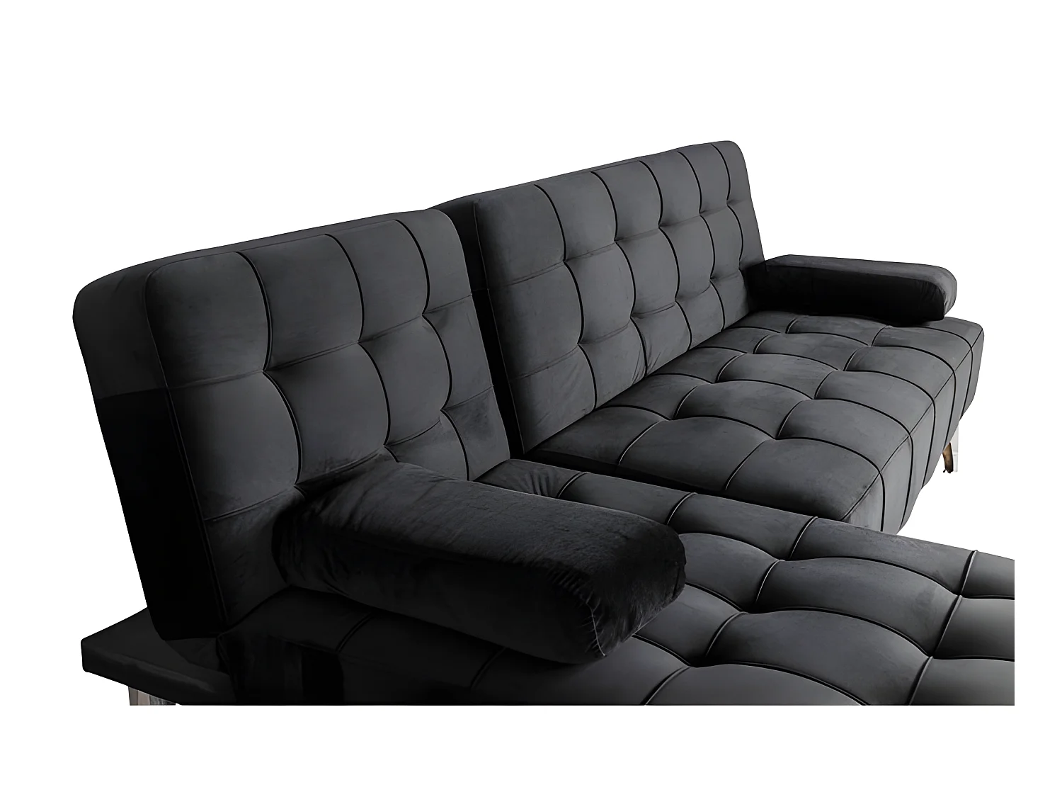 Sofá chaise longue AROA-XS, veludo de 3 lugares conversível em cama, cor PRETA, 198x150cm