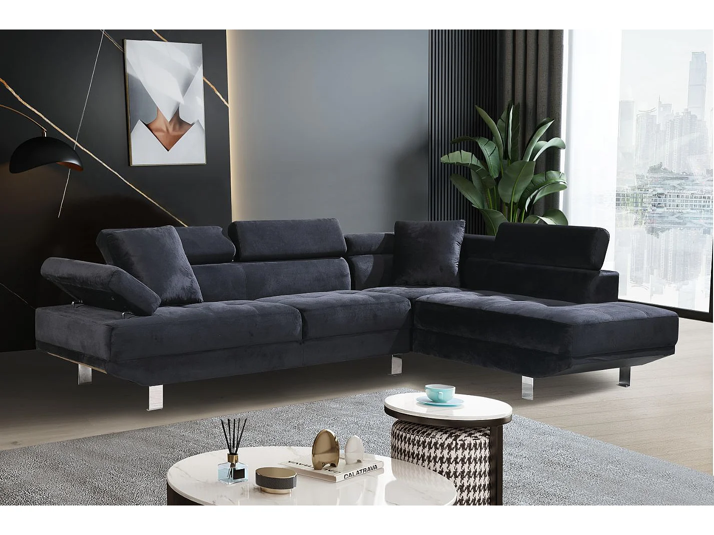 Sofá Chaise Longue de Canto Daniela 262cm Preto, Chaise Direita