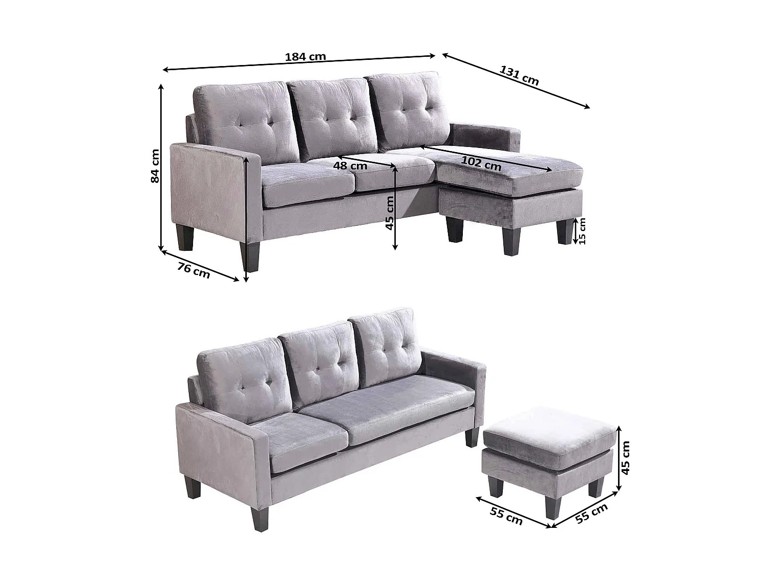 Sofa + Puf Convertible en Chaise Longue 184x131 cm 3 plazas color gris