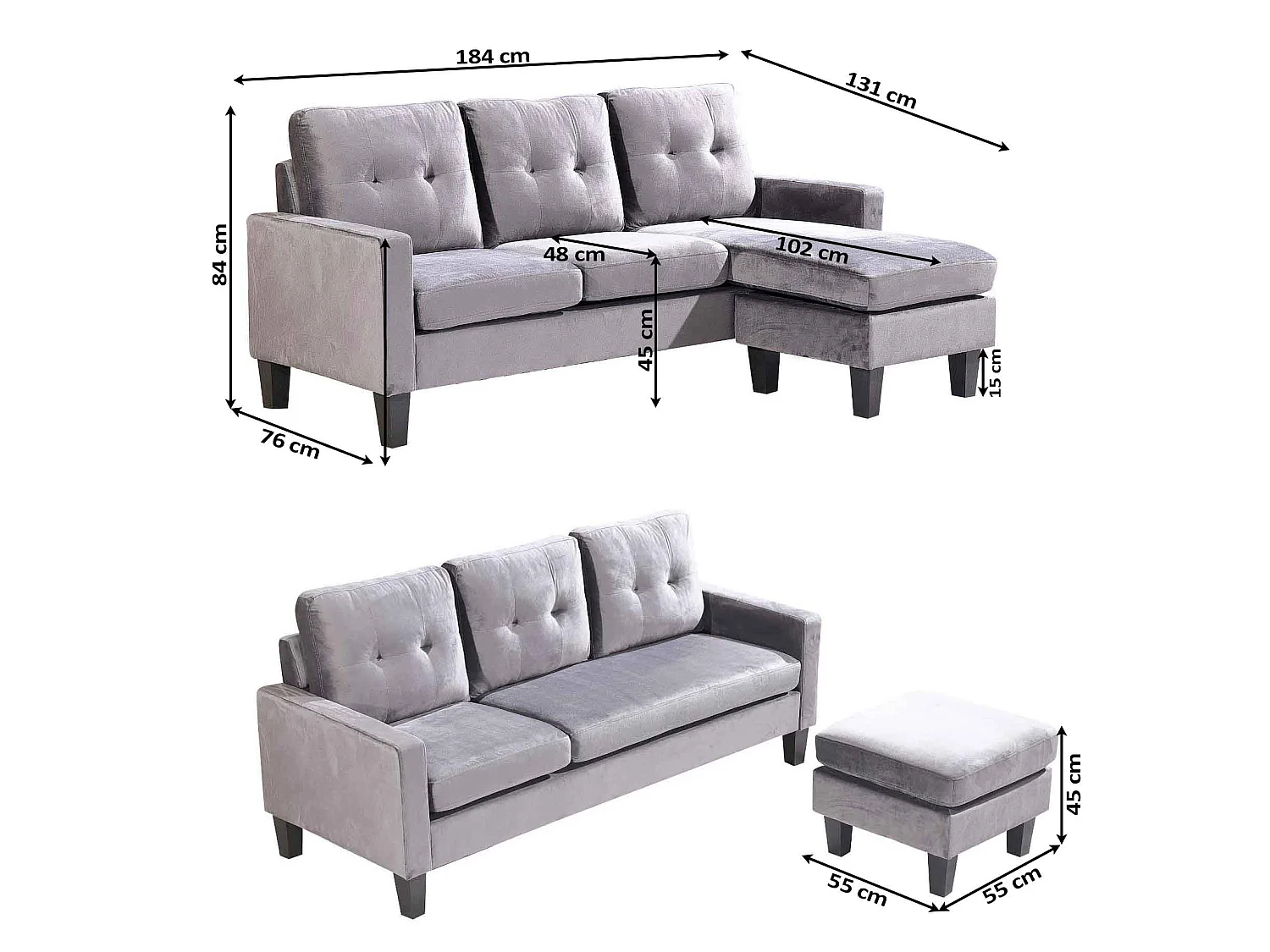 Sofa + Puf Convertible en Chaise Longue 184x131 cm 3 plazas color gris