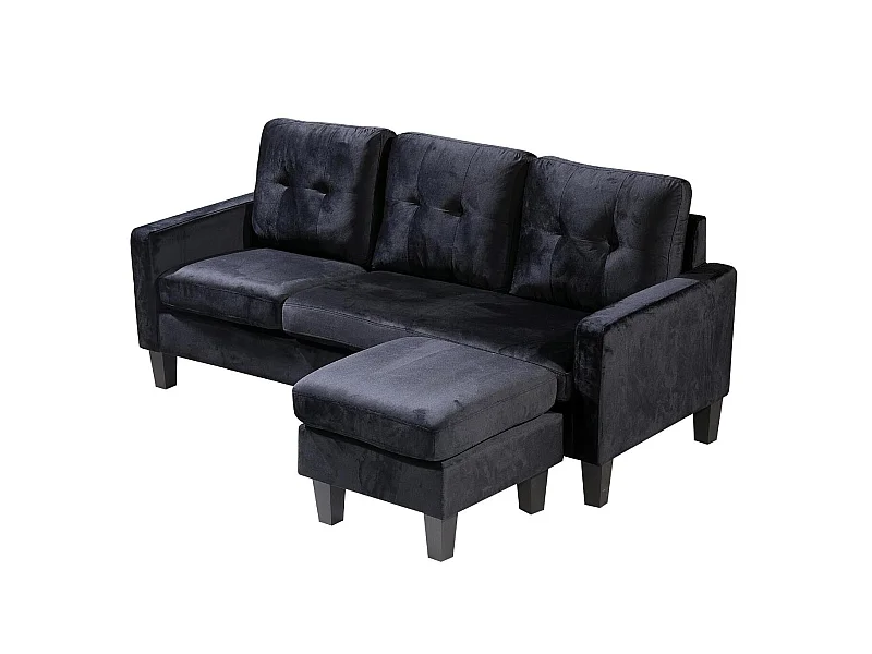 Sofá + Puf Convertible en Chaise Longue 184x131 cm 3 plazas color negro