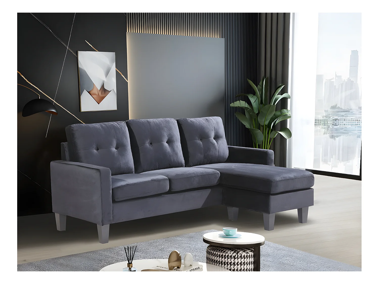 Sofá + Puf Convertible en Chaise Longue 184x131 cm 3 plazas color negro