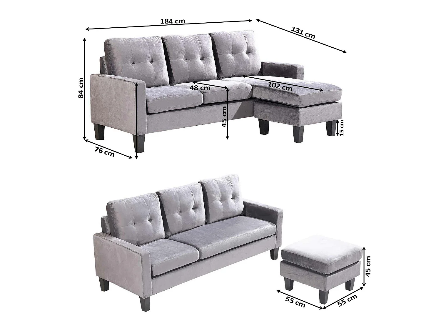 Sofá + Puf Convertible en Chaise Longue 184x131 cm 3 plazas color negro