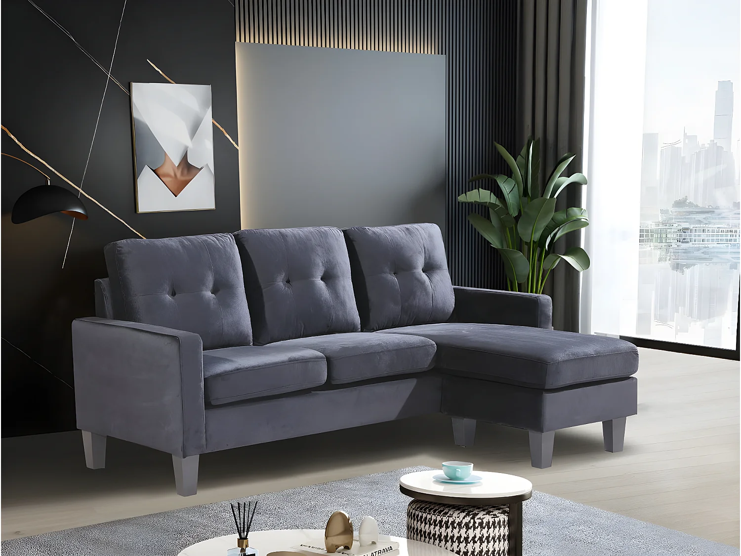 Sofá + Puf Convertible en Chaise Longue 184x131 cm 3 plazas color negro