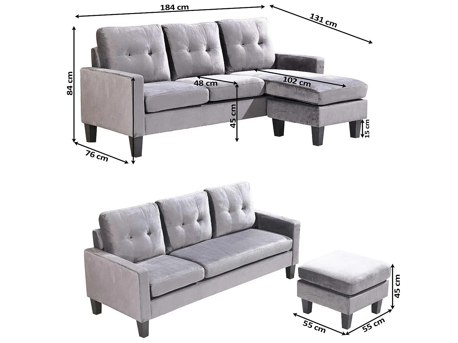 Sofá + Puf Convertible en Chaise Longue 184x131 cm 3 plazas color negro