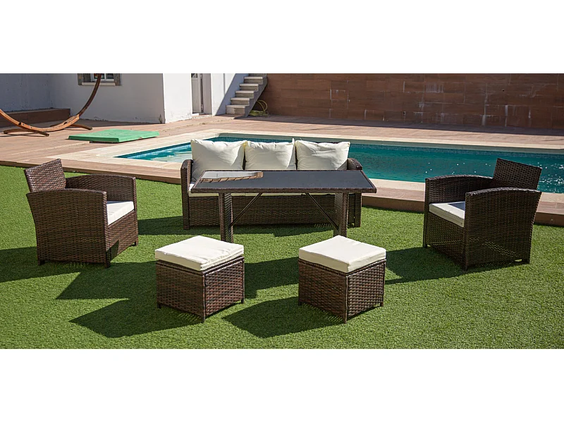 Sofa + Mesa + 2 Sillones+ 2 pufs de Ratan PE. Muebles de Jardin y Terraza, Marron