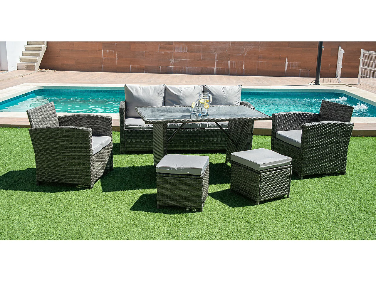 Sofa + Mesa + 2 Sillones+ 2 pufs de Ratan PE. Muebles de Jardin y Terraza, Gris