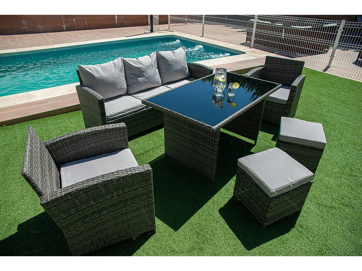 Sofa + Mesa + 2 Sillones+ 2 pufs de Ratan PE. Muebles de Jardin y Terraza, Gris