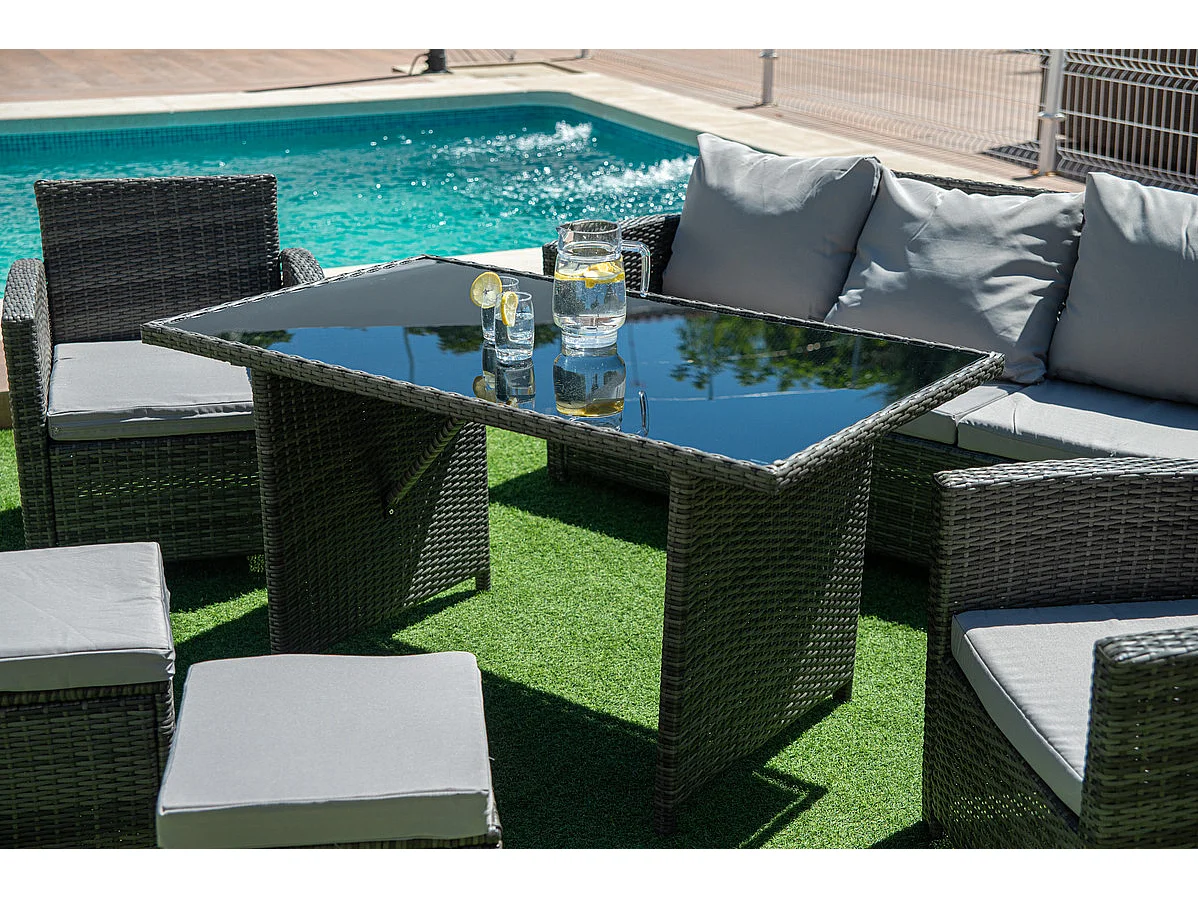 Sofa + Mesa + 2 Sillones+ 2 pufs de Ratan PE. Muebles de Jardin y Terraza, Gris