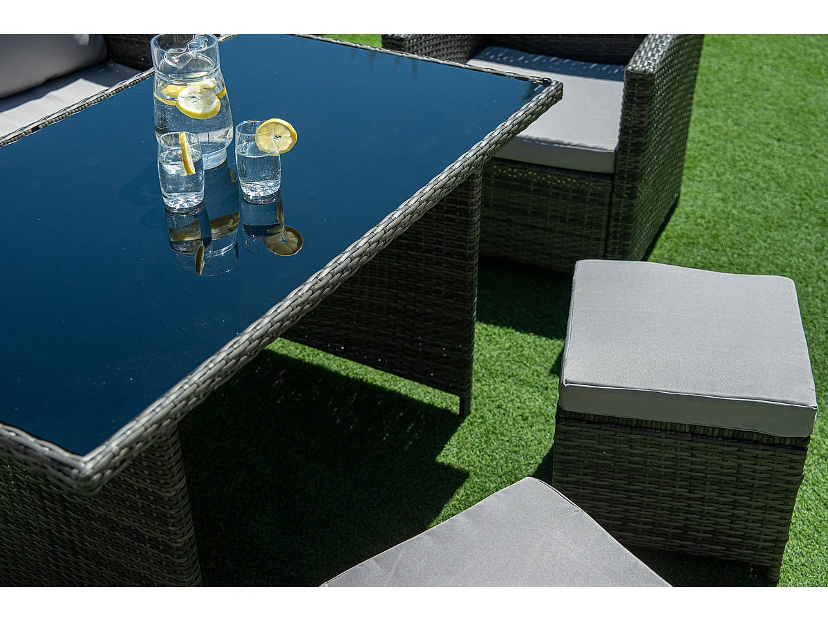 Sofa + Mesa + 2 Sillones+ 2 pufs de Ratan PE. Muebles de Jardin y Terraza, Gris