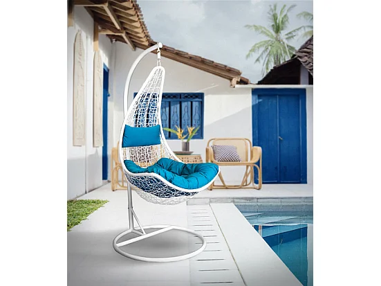 Cesta colgante XN-2005 color blanco con cojín azul y base incluido