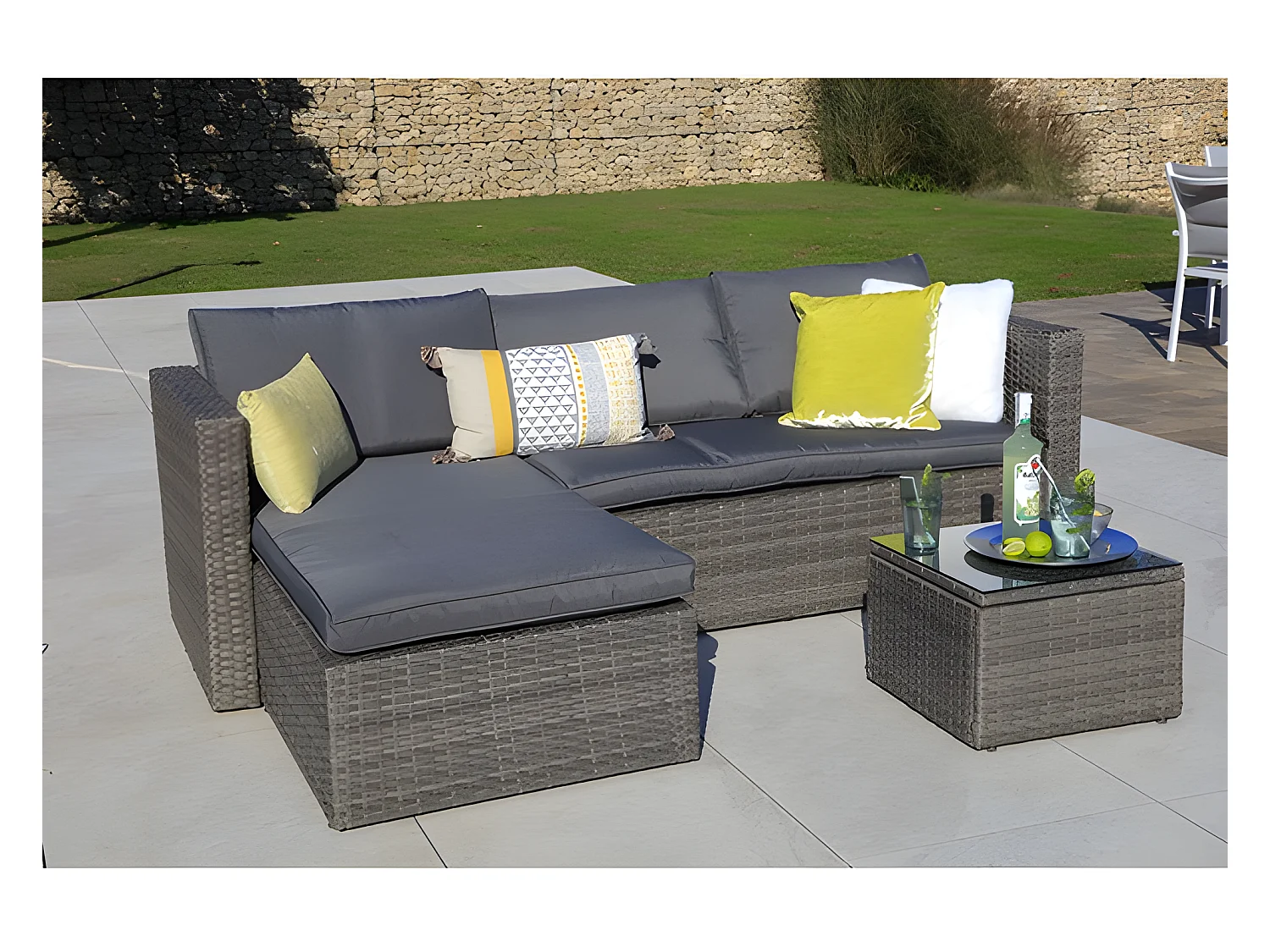 Sofa Chaise Longue de Ratan + Mesa. Modelo MS029-1-GR, Muebles de Jardin y Terraza