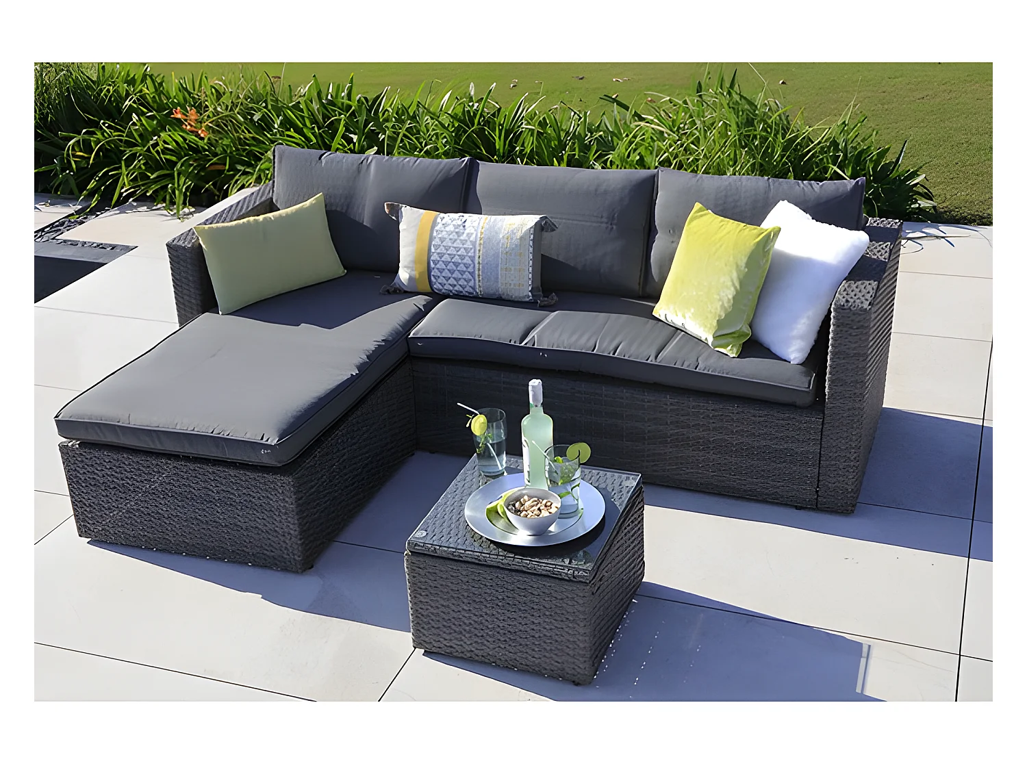 Sofa Chaise Longue de Ratan + Mesa. Modelo MS029-1-GR, Muebles de Jardin y Terraza