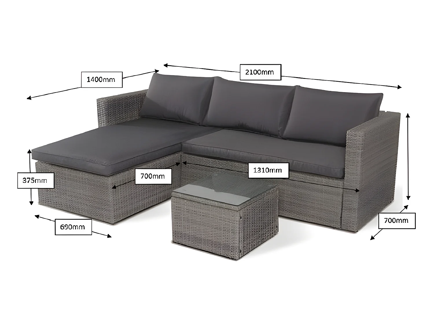 Sofa Chaise Longue de Ratan + Mesa. Modelo MS029-1-GR, Muebles de Jardin y Terraza