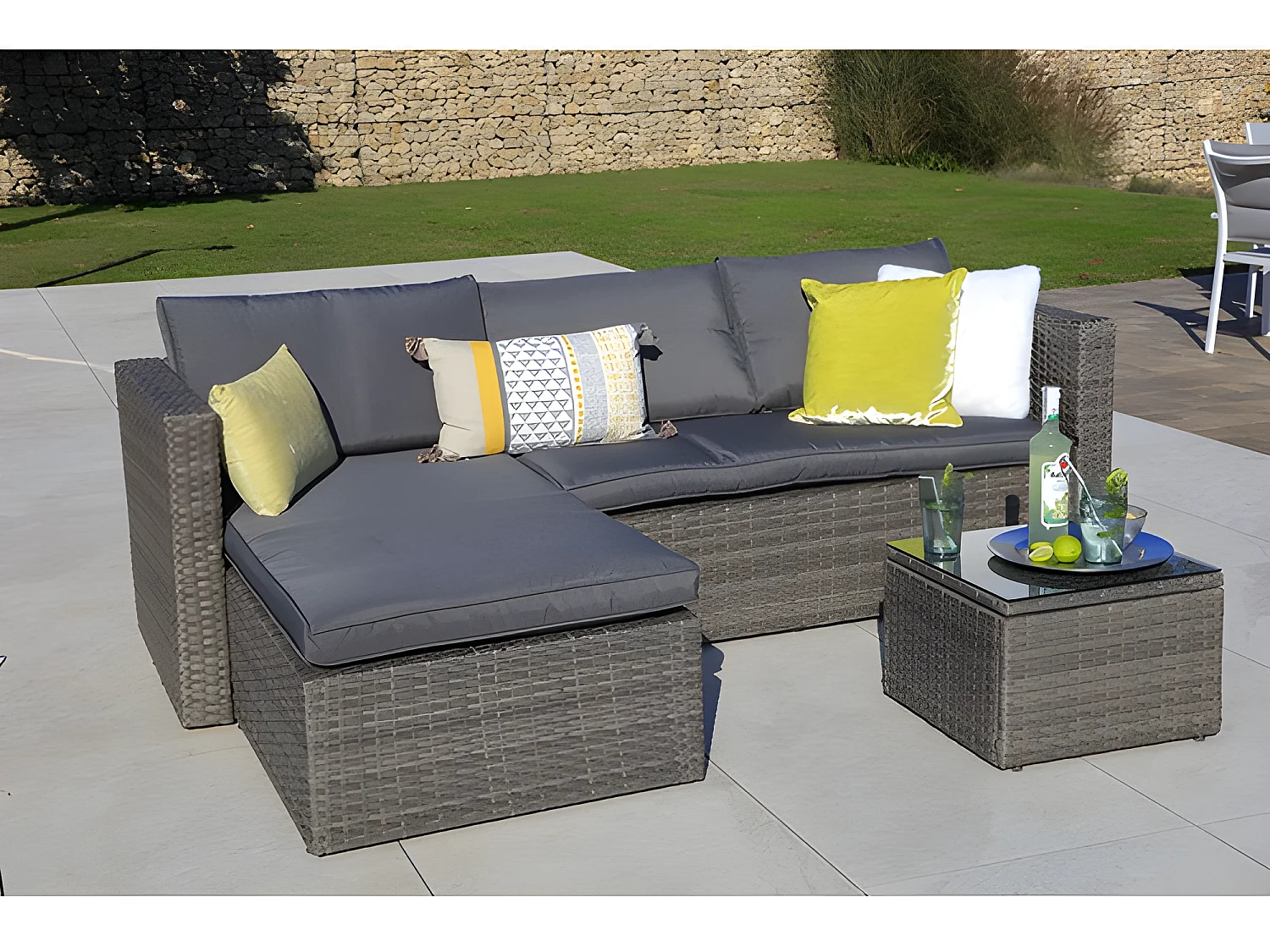 Sofa Chaise Longue de Ratan + Mesa. Modelo MS029-1-GR, Muebles de Jardin y Terraza