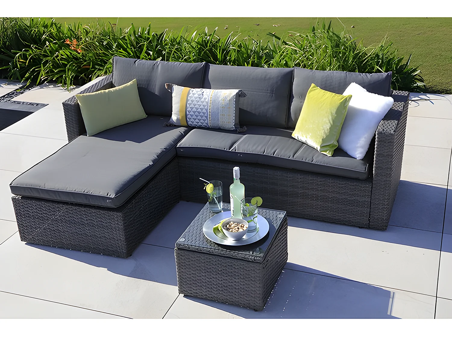 Sofa Chaise Longue de Ratan + Mesa. Modelo MS029-1-GR, Muebles de Jardin y Terraza