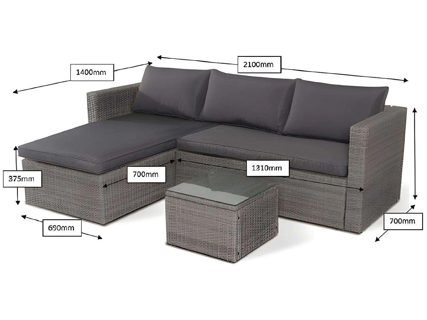 Sofa Chaise Longue de Ratan + Mesa. Modelo MS029-1-GR, Muebles de Jardin y Terraza