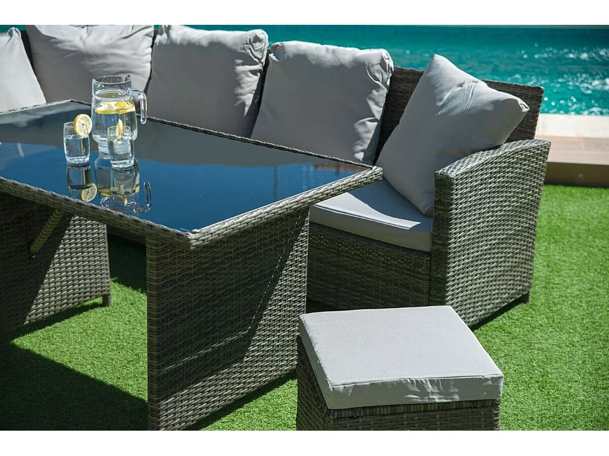 Sofa Rinconera + Mesa + 2 puffs de Ratan PE. Muebles de Jardin y Terraza, Gris