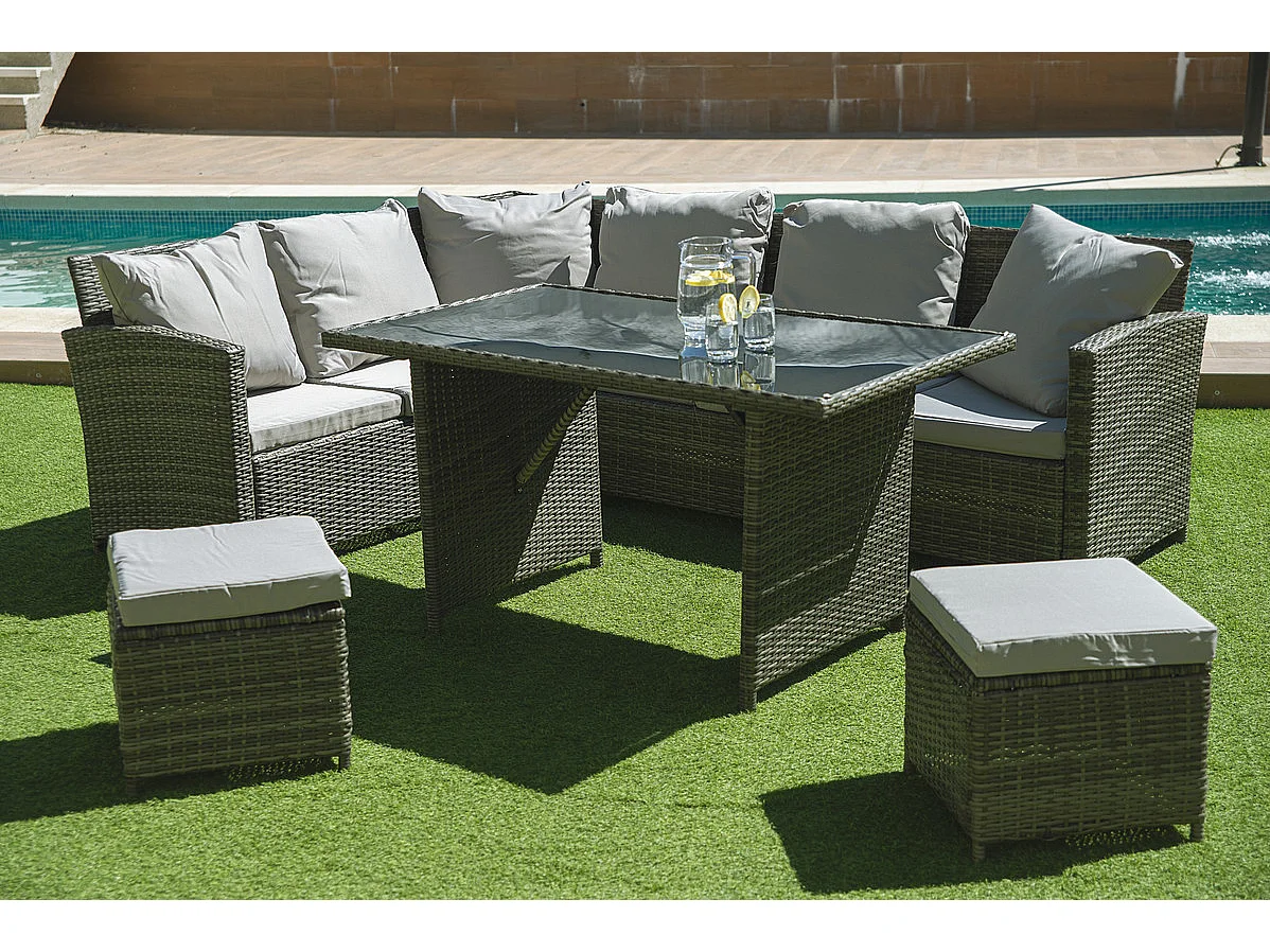 Sofa Rinconera + Mesa + 2 puffs de Ratan PE. Muebles de Jardin y Terraza, Gris