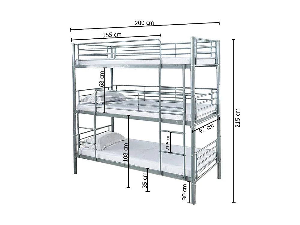 Beliche triplo com estrutura em metal preto, 215x200x97cm