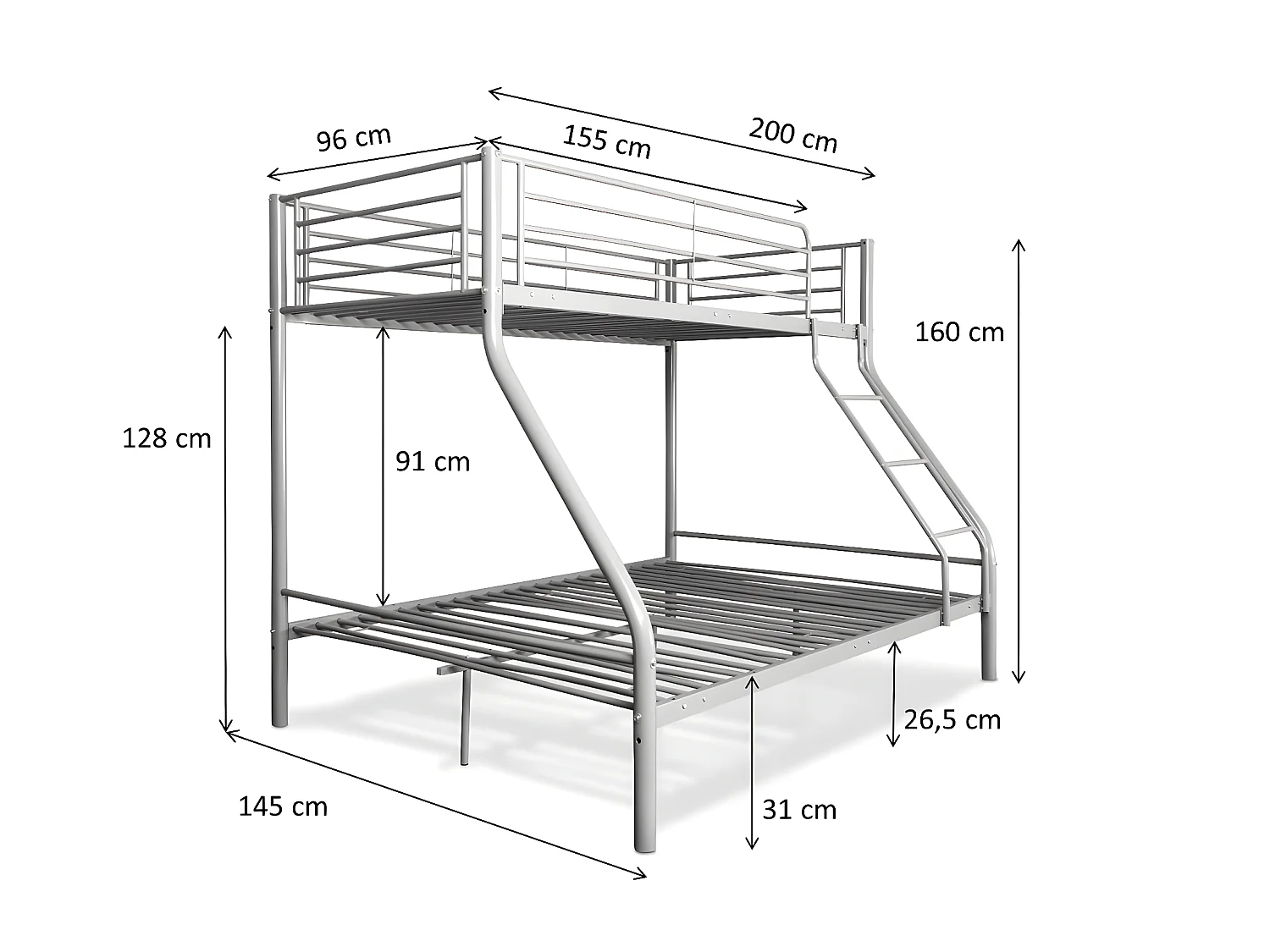 Beliche duplo e solteiro de metal para 3 pessoas, branco