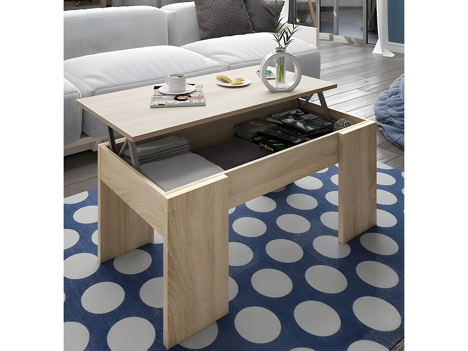 A mesa de centro elevatória Elise muda sua combinação de funcionalidade e design ideal para sua casa