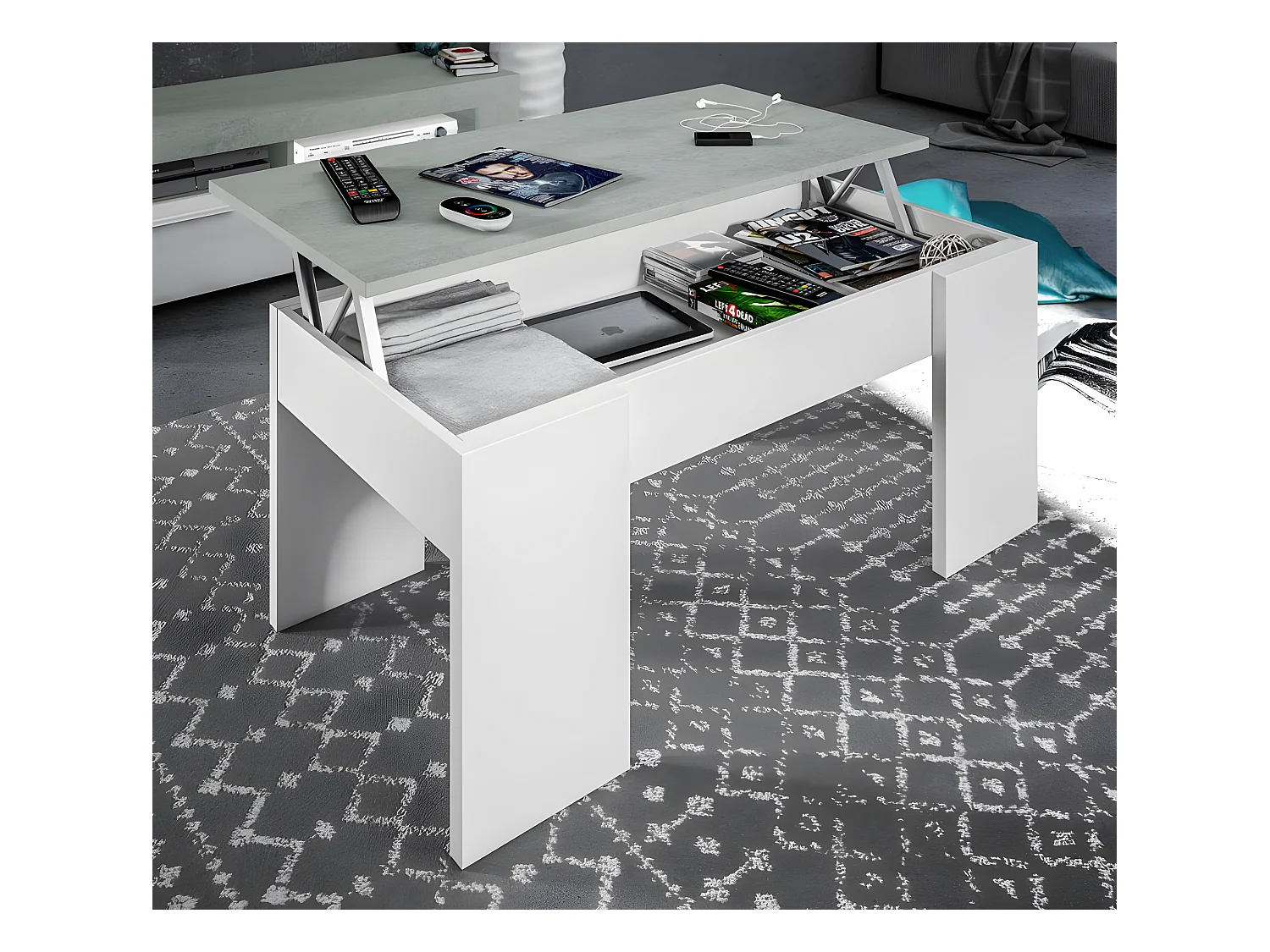 Mesa de centro elevable Elise blanco con gris su combinación de funcionalidad y diseño ideal para su hogar