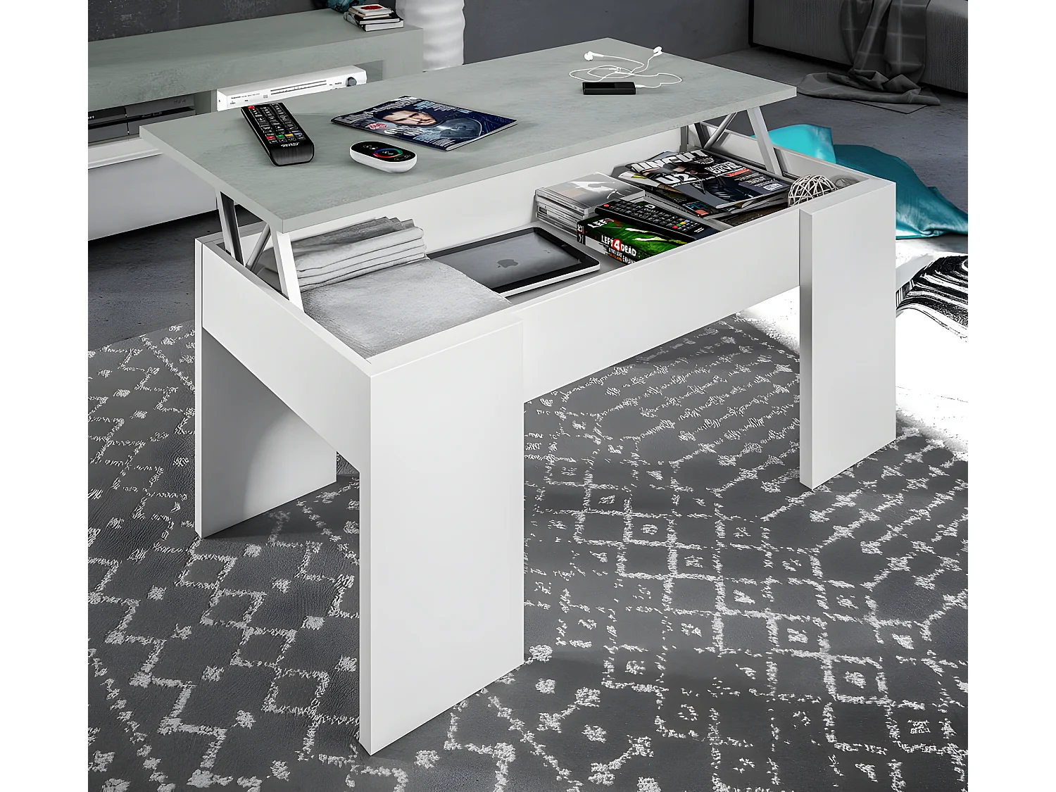 Mesa de centro elevatória Elise branca e cinza, sua combinação de funcionalidade e design ideal para sua casa