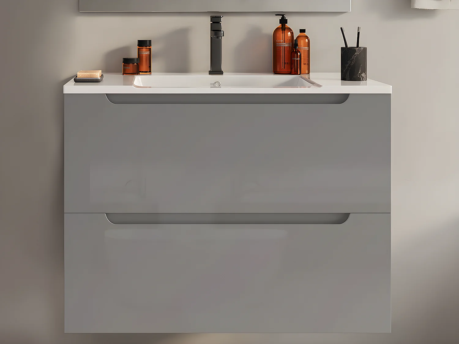 Waschbeckenunterschrank hängend mit Einzelwaschbecken - 80 cm - Grau - STEFANIE