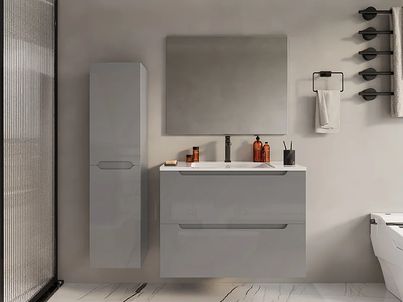 Mueble simple lavabo suspendido con columna - Gris - 80 cm - STEFANIE